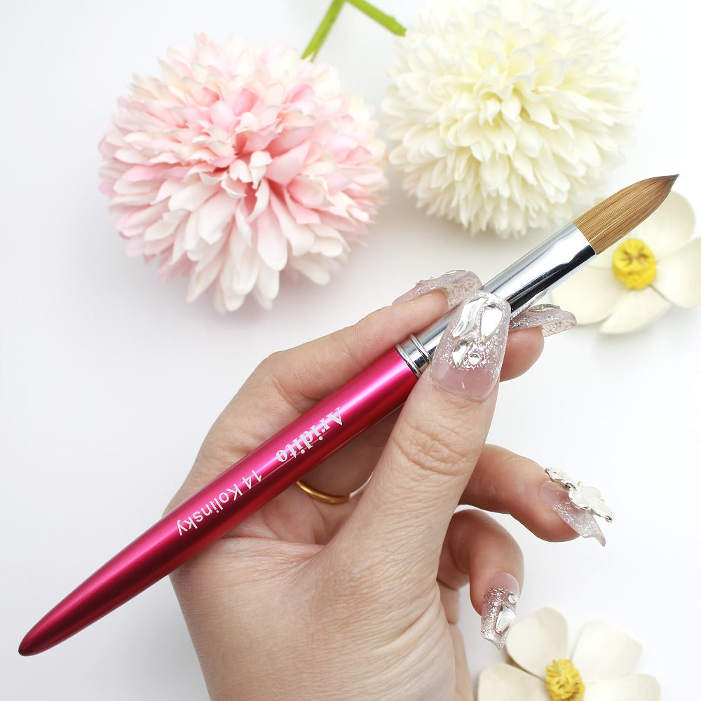 Aridito Professional Acrylic Nail Brush with 100% Kolinsky Hair - Flat Shape, Rose Red Handle & Cap for Manicure and Pedicure (Sizes 8, 10, 12, 14), Nail Art Accessories | Sleek Finish | Kolinsky Hair Bristles