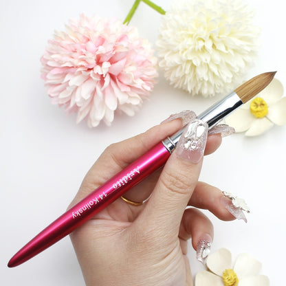 Kolinsky Acrylic Nail Brush 100% Kolinsky Hair Flat Shape Professional Brush for Acrylic Extension Nail Art Sculpting Manicure Pedicure Rose Red Handle & Cap Sizes #10 #12 #14 Nail Technician