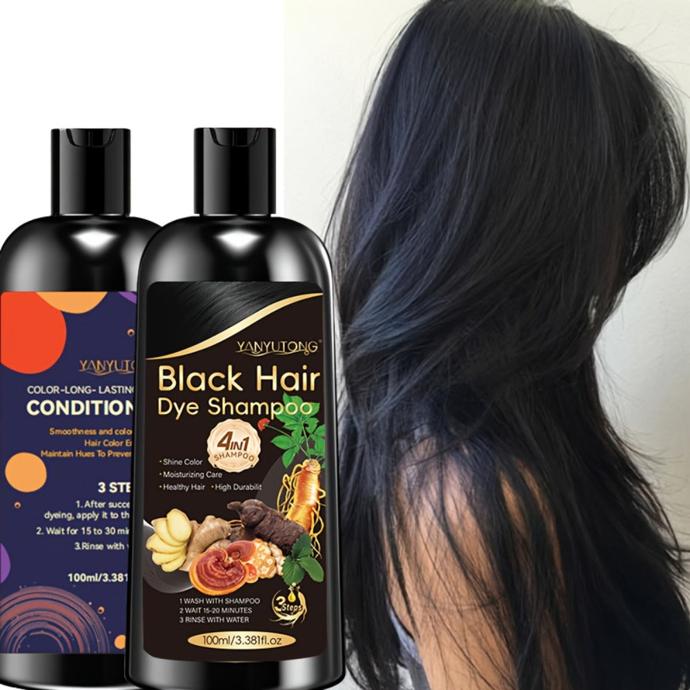Hair Dye Shampoo and Conditioner Set — 4-in-1 Long-Lasting Hair Color with Ginger & Herbal Extracts, Gentle Gray Hair Coverage, Moisturizing Formula for All Hair Types, 3 Shades