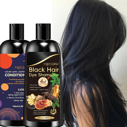 Hair Dye Shampoo and Conditioner Set — 4-in-1 Long-Lasting Hair Color with Ginger & Herbal Extracts, Gentle Gray Hair Coverage, Moisturizing Formula for All Hair Types, 3 Shades