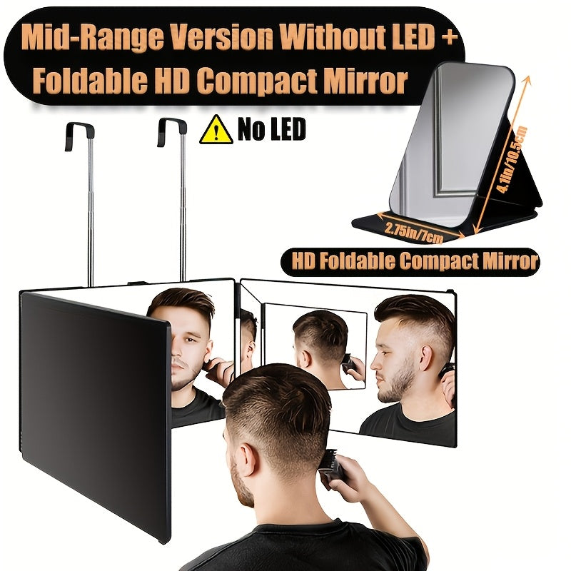Hair Cutting Mirror 3-Way Self Haircut Mirror with LED Lights - 360 Degree Viewing Angle, Anti-Fog HD Glass, USB Rechargeable, Folding Barber Mirror for Home Salon, Makeup & Grooming Gift Set