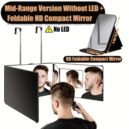 Hair Cutting Mirror 3-Way Self Haircut Mirror with LED Lights - 360 Degree Viewing Angle, Anti-Fog HD Glass, USB Rechargeable, Folding Barber Mirror for Home Salon, Makeup & Grooming Gift Set