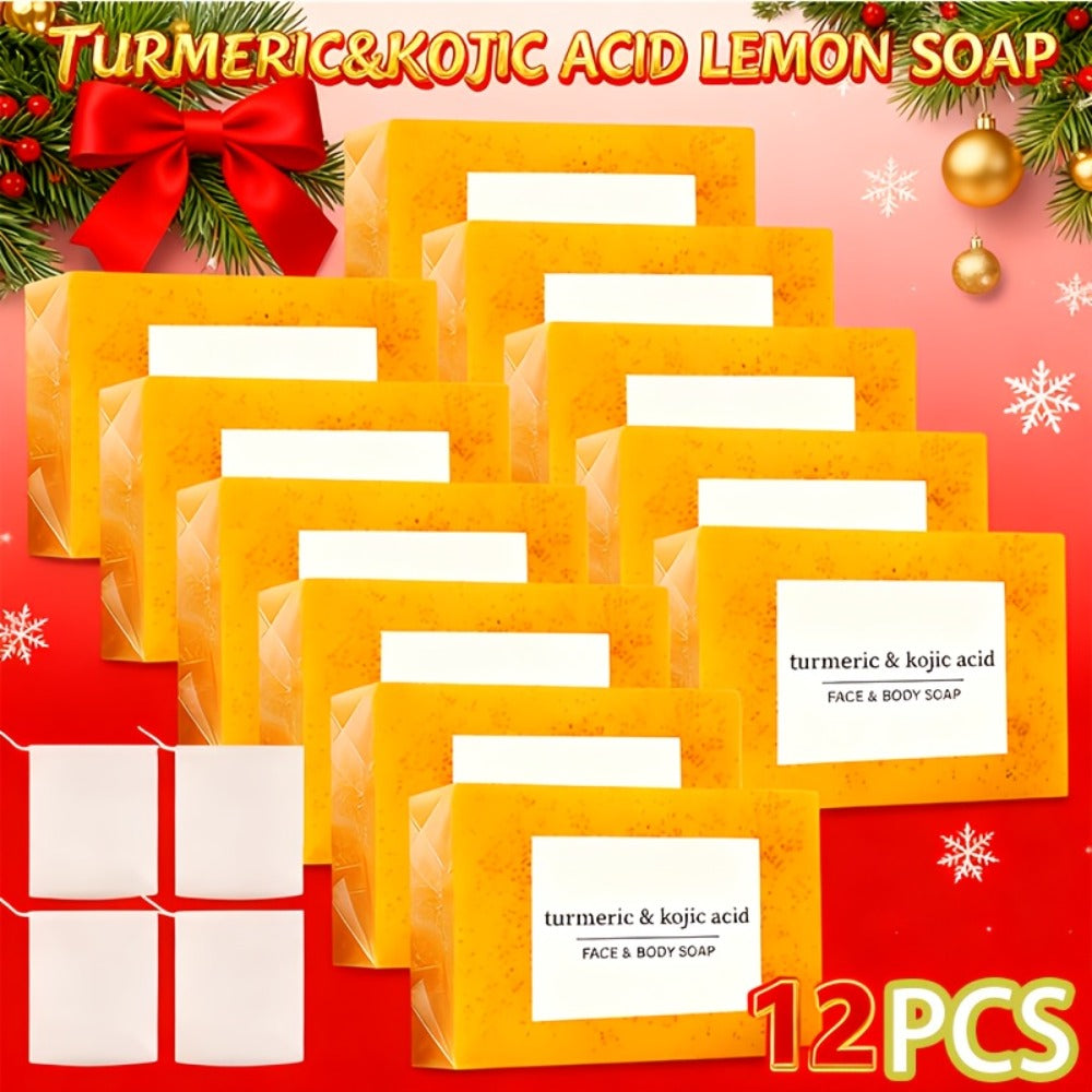 12*100G Turmeric Kojic Acid Soaps with 4 Bubble Nets - Ginger, Lemon & Kojic Acid for Skin, Handmade & Moisturizing, Gentle & Non-Irritating, Ideal Gift, Travel-Ready, Unisex
