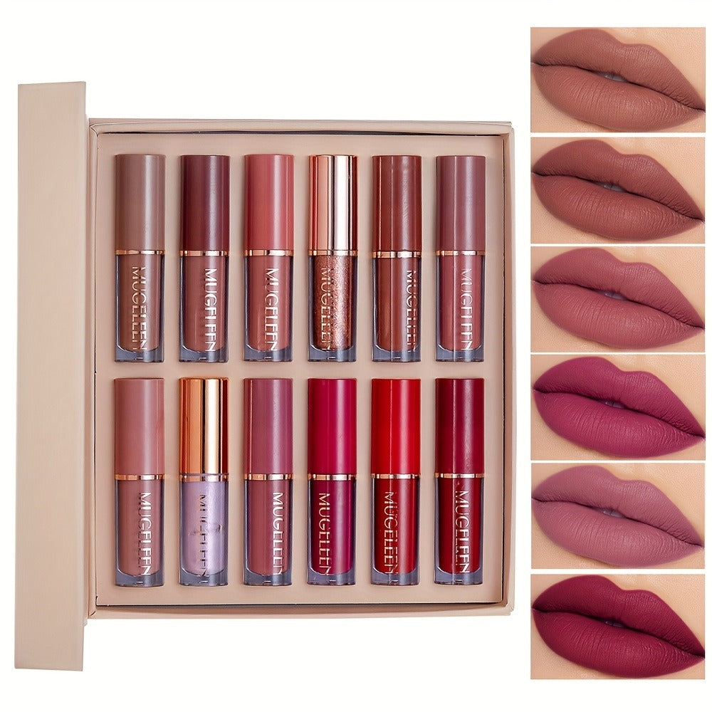 12pcs Lip Gloss Set, Matte Lip Glaze Set, Matte Pearlescent Non-stick Cup, Non-fading Lip Glaze Set Valentine's Day Gift