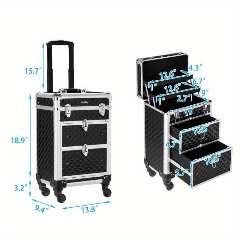 OmySalon Aluminum Rolling Makeup Train Case, Portable Makeup Organizer Suitcase, Cosmetic Storage Box, Travel Beauty Luggage Trolley Lockable W/4 Removable Wheels & 2 Sliding Drawers, Valentines Day Gift for Her (Black), Valentine's Day And Other Festival