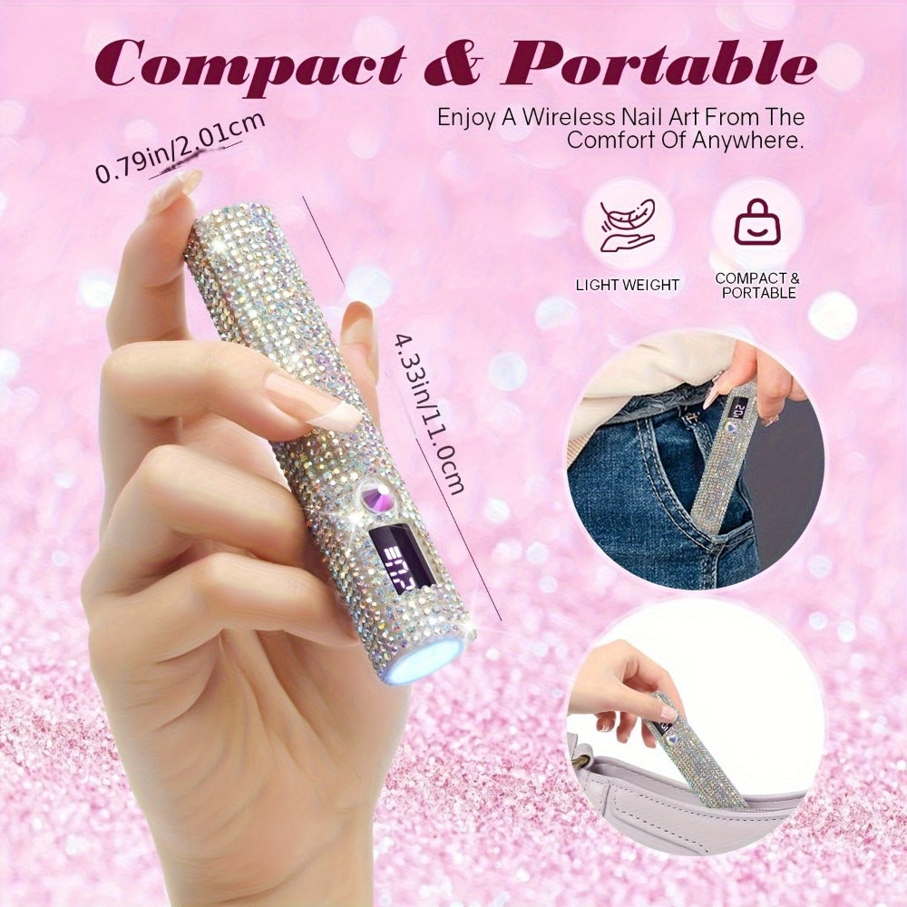 Portable Rhinestone Mini/LED Nail Lamp - USB Rechargeable Single Finger Gel Curing Light with Digital Display, 40-Min Runtime, Compact Travel-Friendly Design for Quick-Dry Nail Art, White, Nail Light, Durable Plastic, DIY Manicure