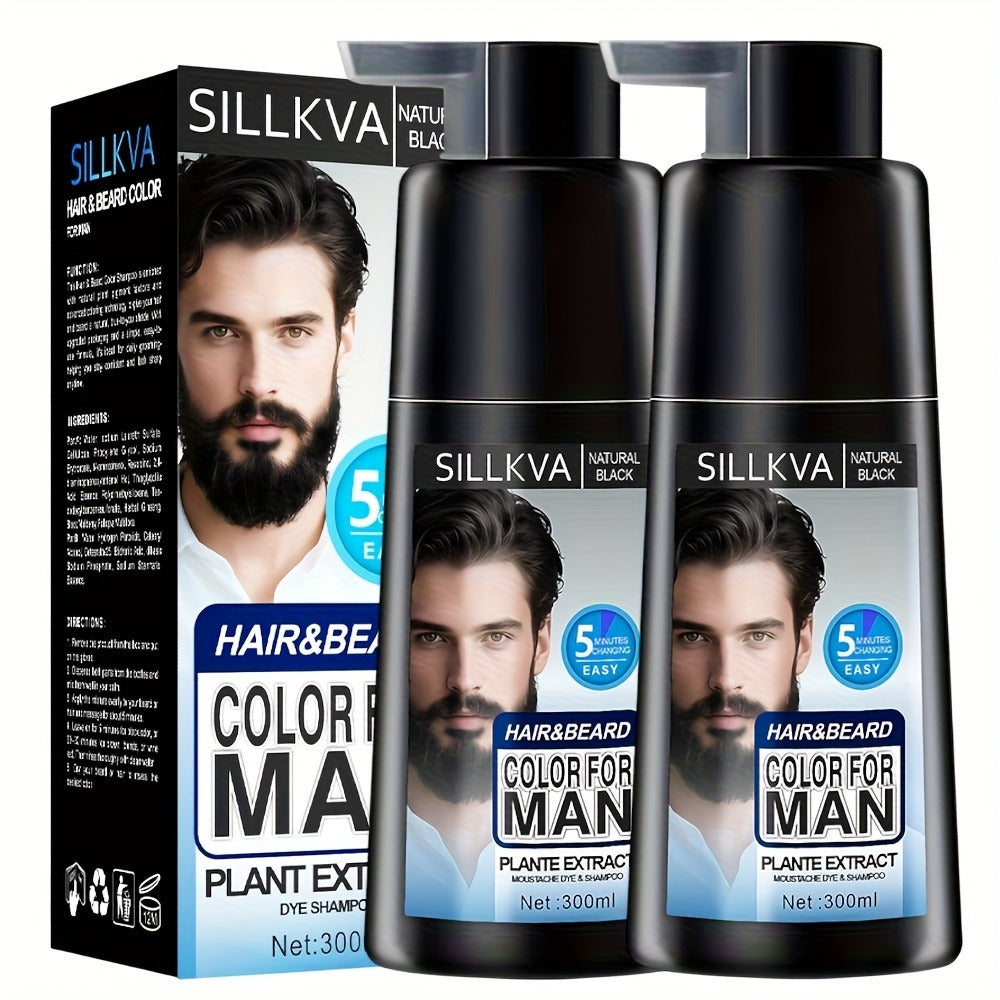 10oz Men's Black Hair & Beard Dye Shampoo, 3-in-1 Quick Coloring, Long-Lasting Natural Effect, Ammonia-Free, 8-Minute Easy Gray Coverage for A Youthful And Stylish Look