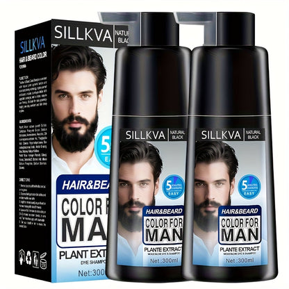 Hair & Beard Dye Shampoo for Men 3-in-1 Black — 8-Minute Gray Coverage, Ammonia-Free, Long-Lasting Natural Color, Quick & Easy Application, 10 oz, 1 & 2 Pack Options
