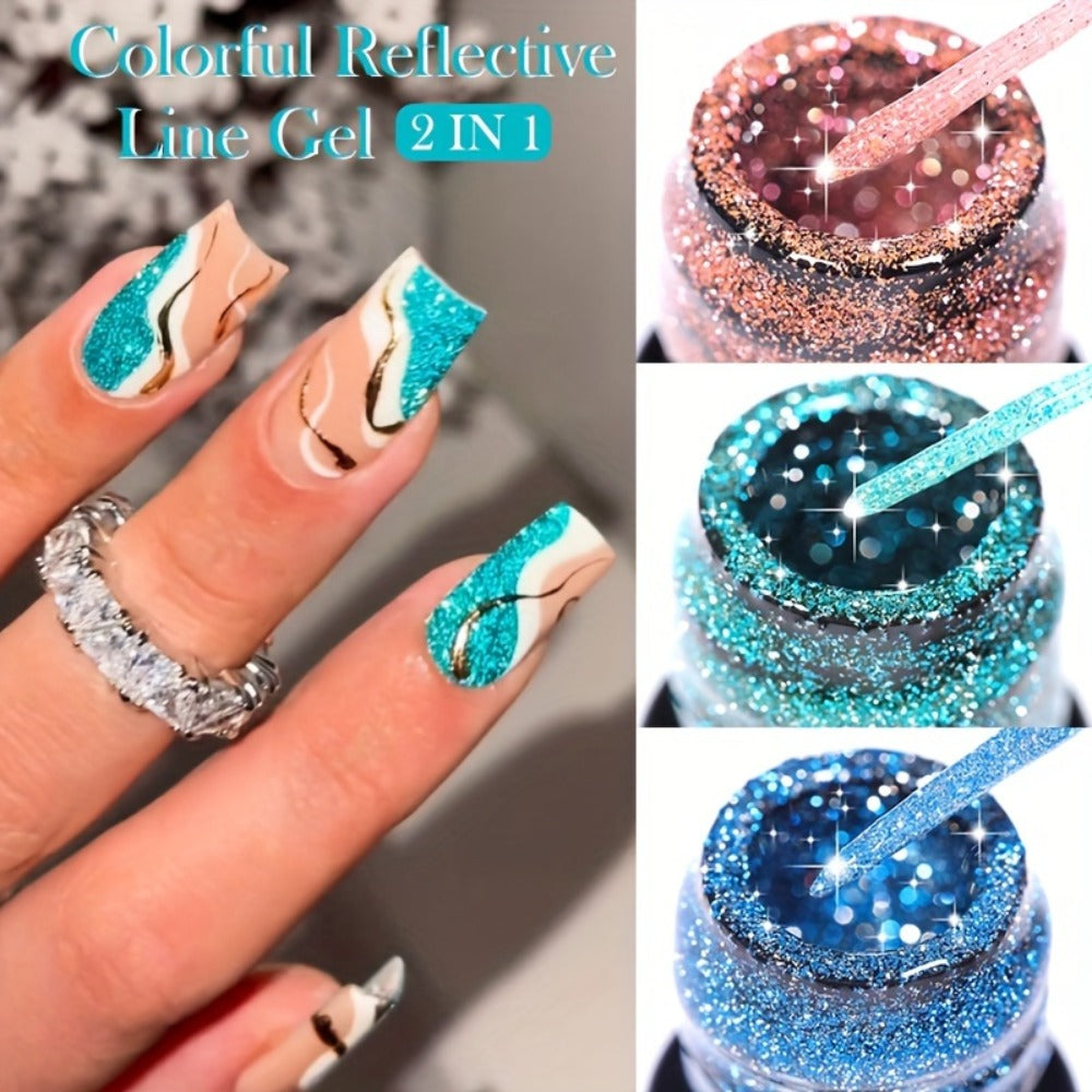 Glitter Liner Nail Art Gel 5ml - Super Reflective Glitter Eyeliner Gel Polish with Ultra Fine Brush Tip for Stripe Line & Detail Nail Art - Long Lasting UV LED Nail Art Drawing Gel