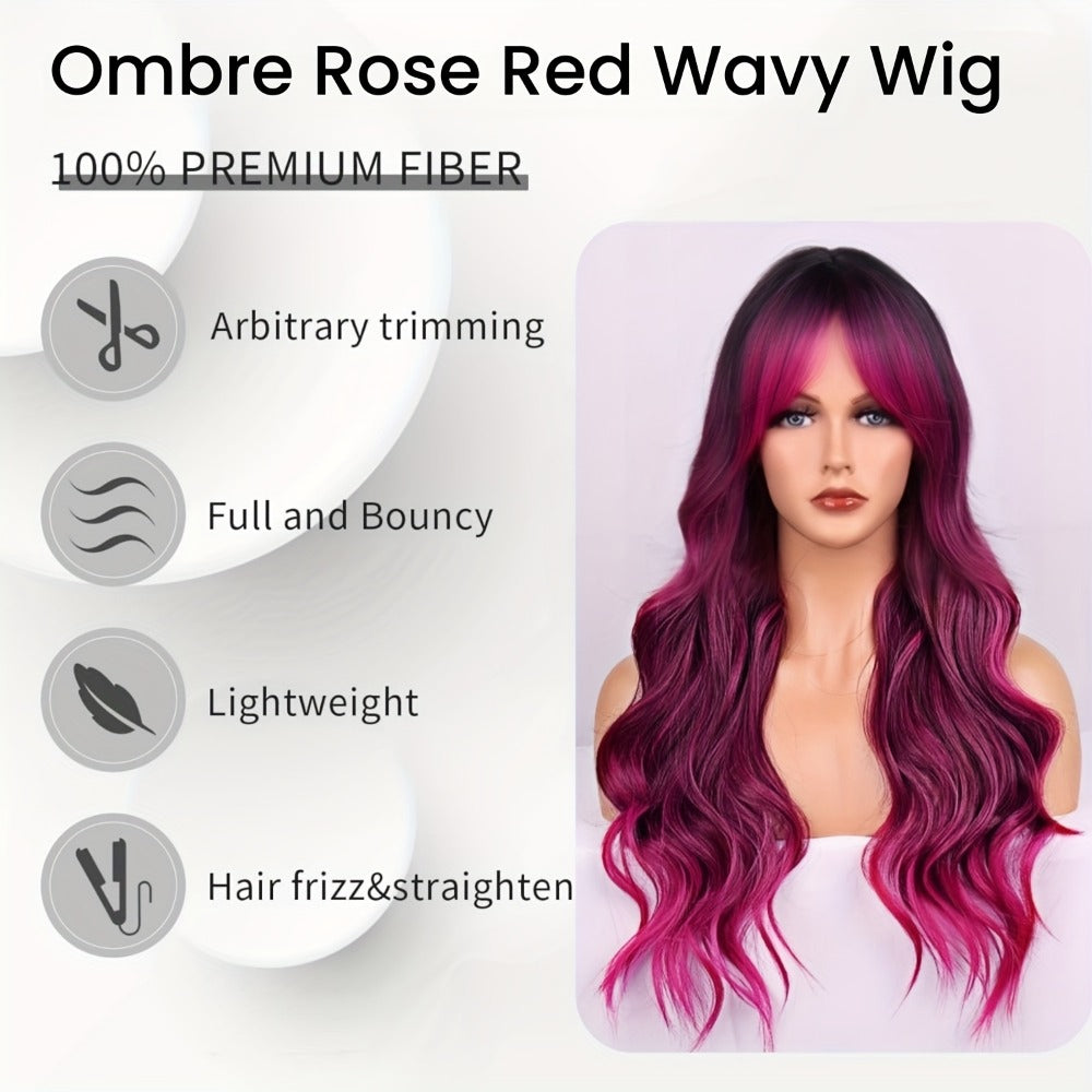 Long Wavy Ombre Purple Wig with Bangs 26 Inch Body Wave Side Part | Ombre Rose Red Dark Purple Heat Resistant Synthetic Wig for Daily Party Costume Halloween