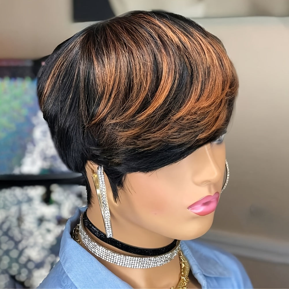 Highlight Synthetic Ombre Black Brown 1B/30# Short Straight Pixie Cut HairStyle Wigs With Bangs