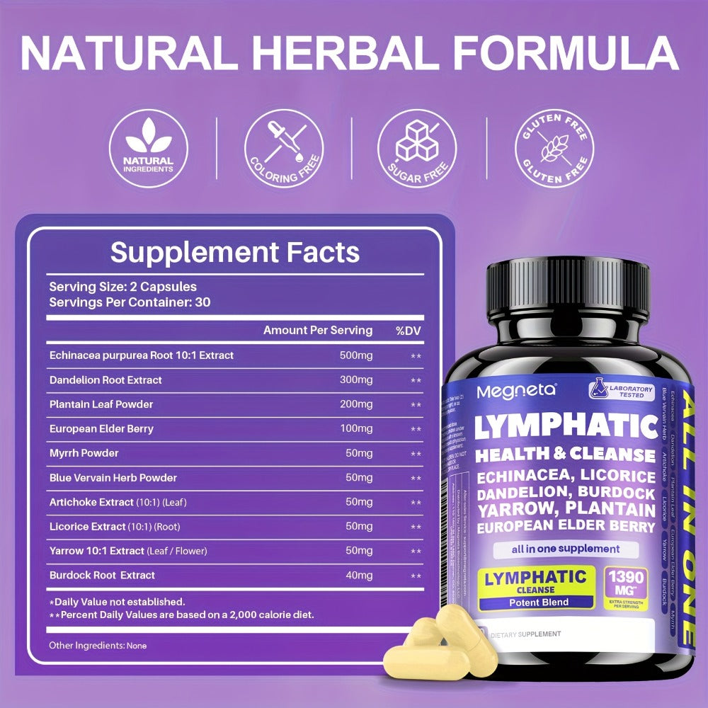 MEGNETA Lymphatic Health Supplement Capsules - Fluid Circulation & Balance, Antioxidant, Liver & Lymph System Health - Herbal Products Echinacea, Dandelion, Elderberry, Plantain Leaf, Blue Vervain, Artichoke, Burdock Supplement - 30 Servings
