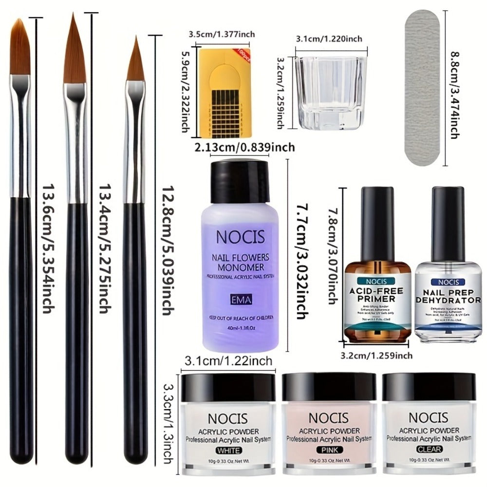 1 Set NOCIS Acrylic Nail Kit for Beginners - DIY Nail Extension, Includes 0. 33oz Clear, White, Pink Powder & Liquid, Nail Brushes, Unscented, Salon-Quality Home Manicure Tools