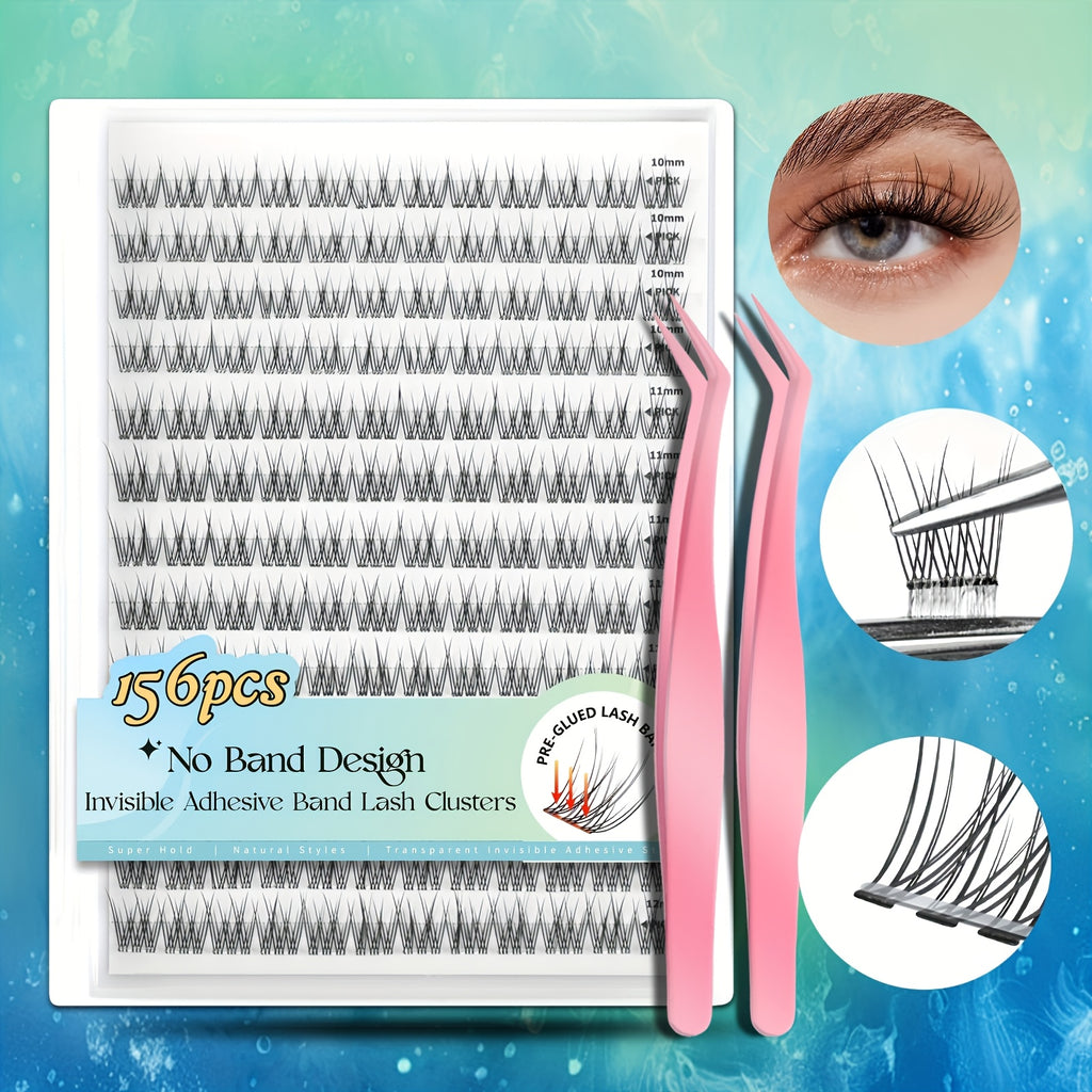 Self Adhesive Lash Clusters No Glue Needed, Lightweight Lashes Clusters Kit, Pre Glued Wispy Cluster Lashes Natural Volume Press On Lashes with 2 Tweezers, Reusable Eyelashes, Beginner Friendly Casual Attire Lashes Fluffy Individual Cluster Eyelashes