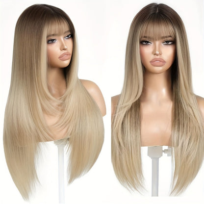 Lace Front Wig with Curtain Bangs Glueless Long Straight Synthetic Wig 26 Inch Pre-Bleached Lace Realistic Scalp Natural Hairline Multi-Color Women Daily Wear