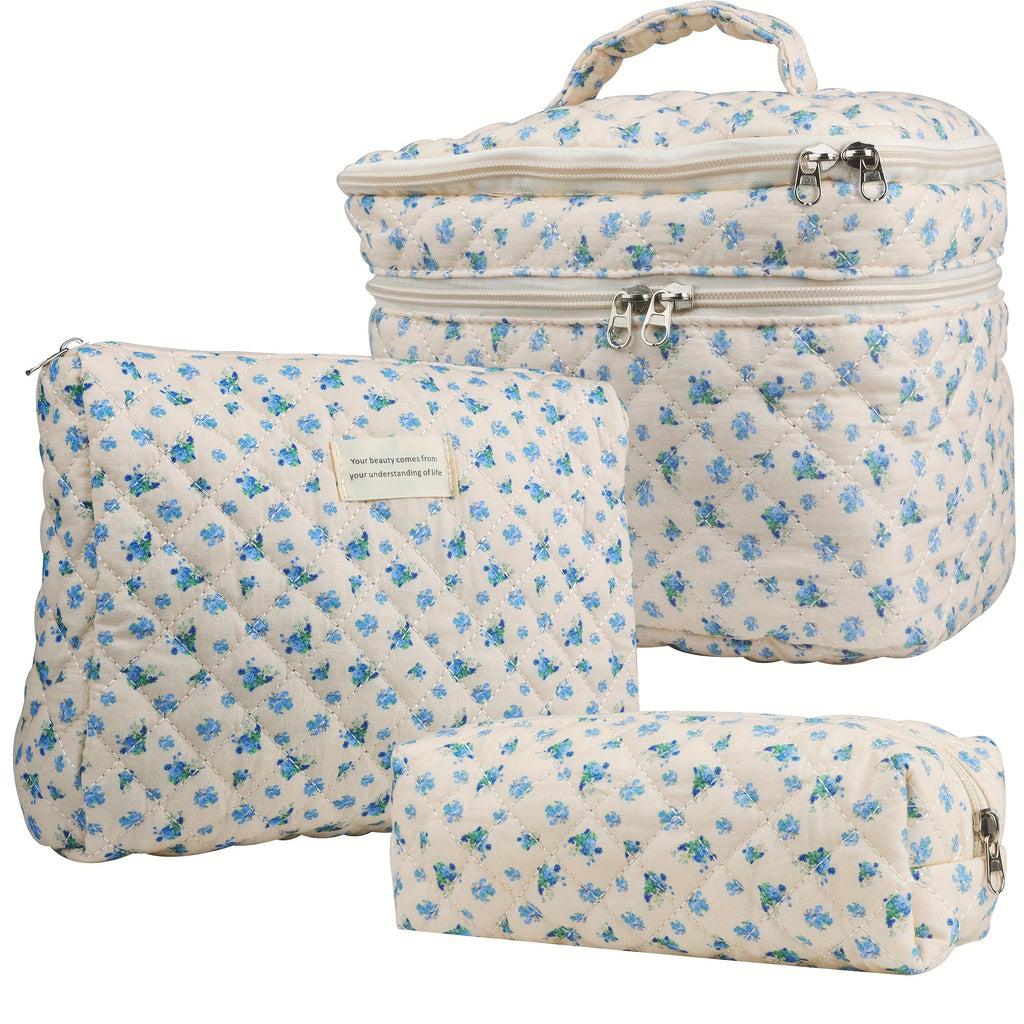 Large Capacity Dual Layer Cotton Makeup Cosmetic Bag (3PCS), Cute Quilted Travel Coquette Aesthetic Floral Make up Bag for Women Toiletry Bag
