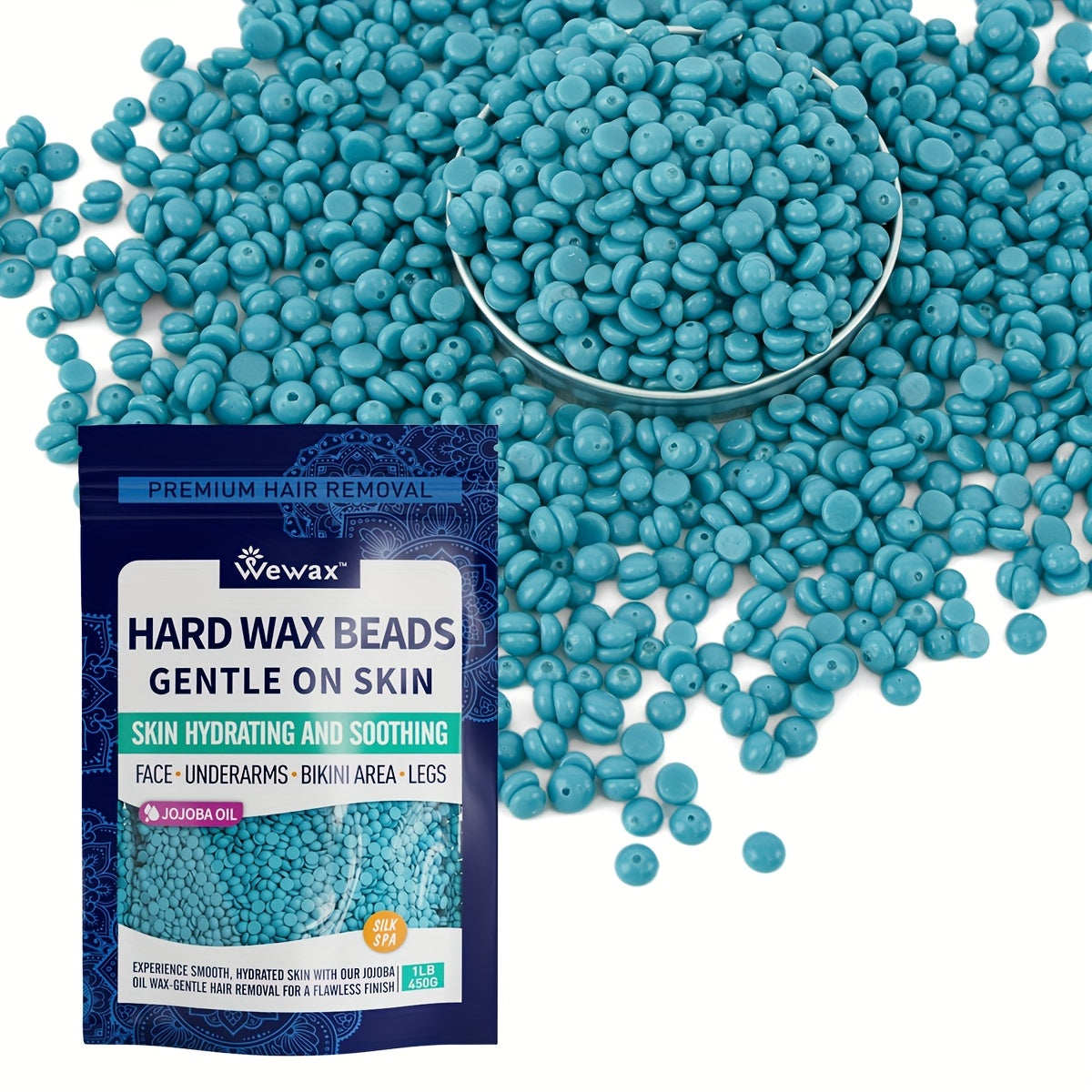 Hard Wax Beads for Hair Removal - 450g Brazilian Hard Wax Beads with Strong Adhesion, Precision Waxing for Body, Bikini, Legs & Underarms, At-Home Wax Kit for Women, Dark Blue & Light Blue