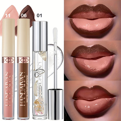 Lip Gloss Set 3pcs - Matte Lip Gloss, Lip Oil & Lip Liner Combo, Waterproof Long-Lasting Non-Sticky Velvet Finish, Mixed Shades for Party Festival Halloween Christmas Daily Makeup