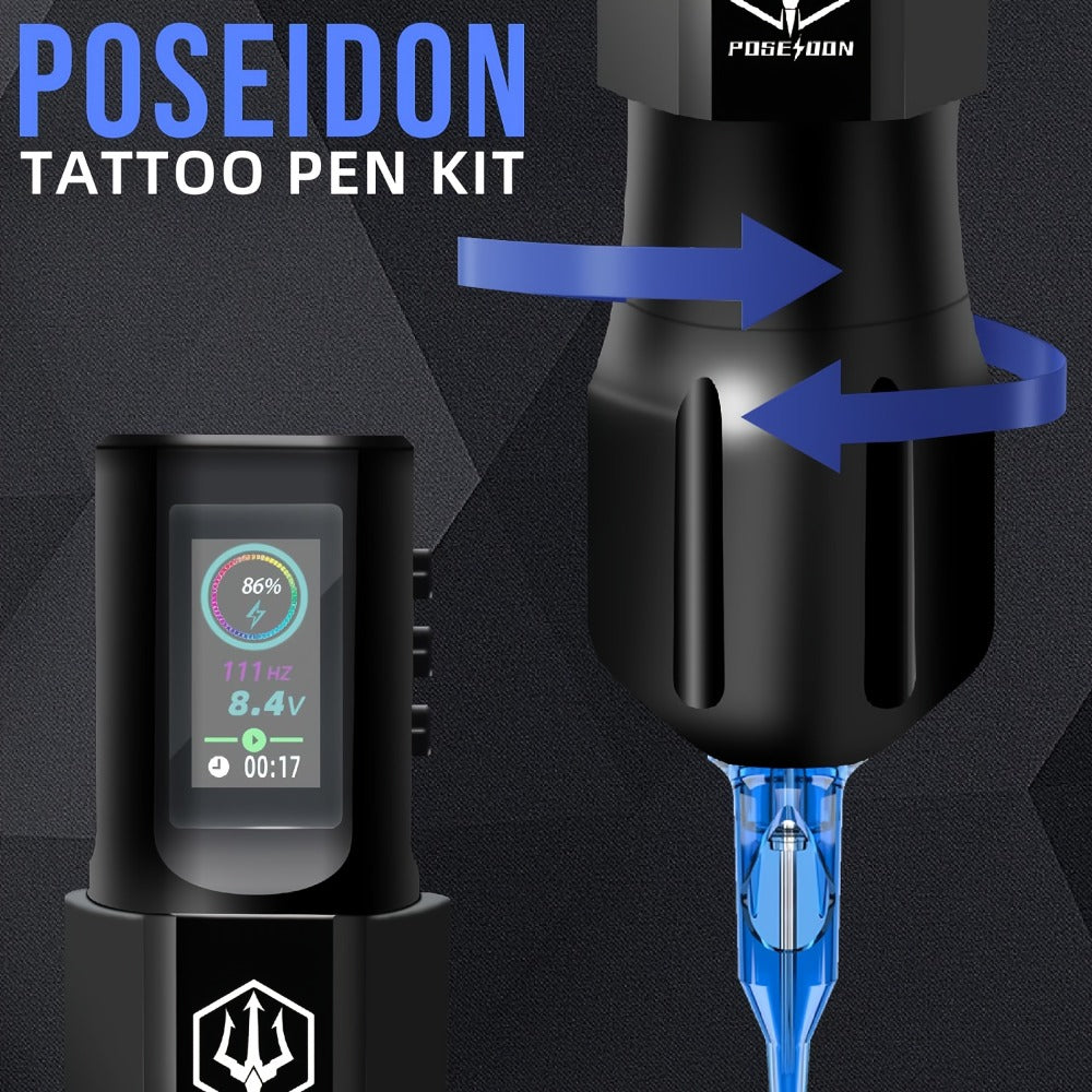 POSEIDON Tattoo Gun Kit-Tattoo Pen with 20pcs Tattoo Needles Cartridge And Wireless Power, Tattoo Pen Kit with Digital LED Display, Tattoo Machine Tattoo Supplies for Artist