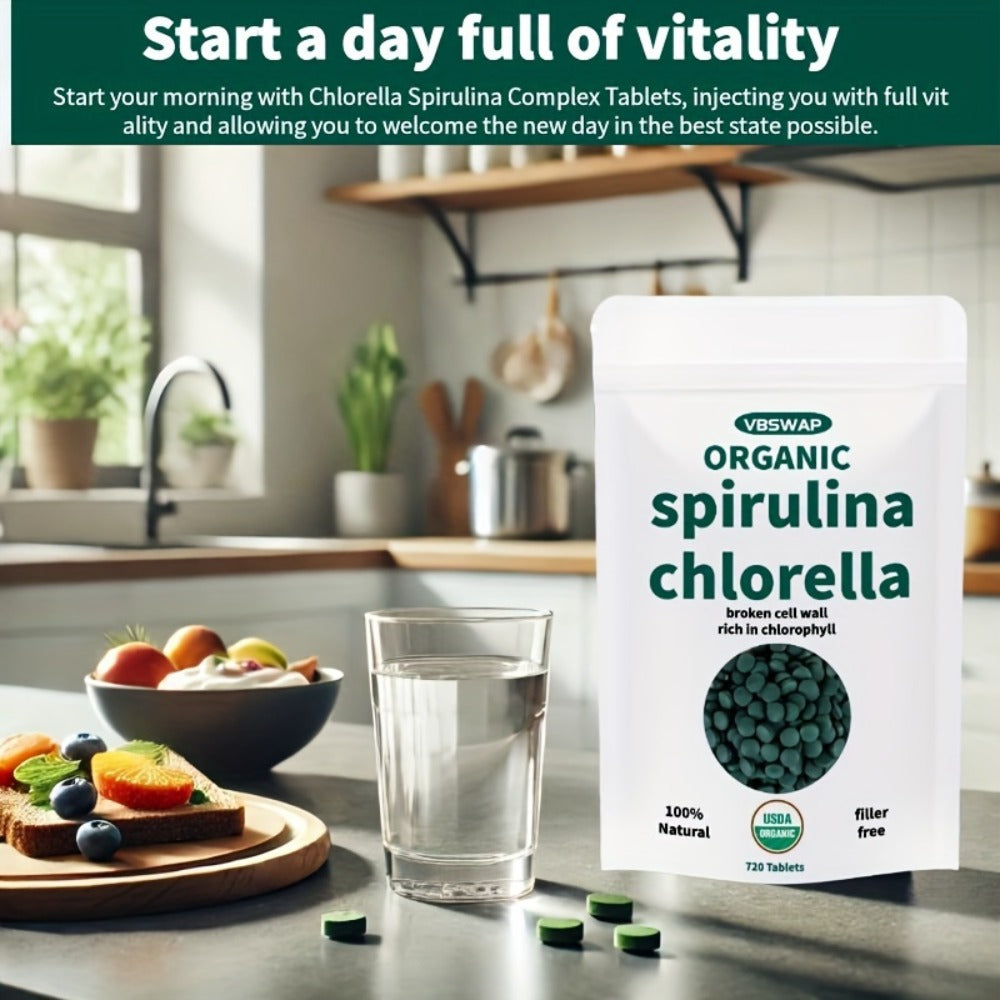 Organic Chlorella Spirulina Tablets, 720 Counts, 4 Months Supply, 50/50 Blend Superfood, No Filler, No Additives, Cracked Cell Wall, Rich In Vegan Protein, And Easy to Swallow.nutritional Supplement for