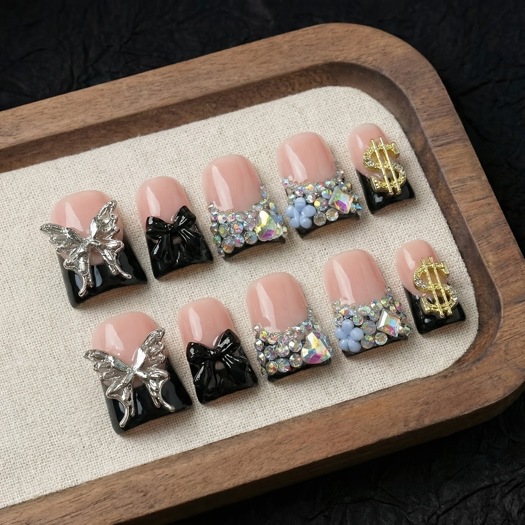 10pcs Handcrafted Press-On Nails Set, Black And Nude Duckbill Shape, Medium Length, Glossy End with Colorblock, Glitter, AB Rhinestones And Liquid Metal Butterfly Accents, Perfect for Parties, Daily Wear And Birthday Gifts
