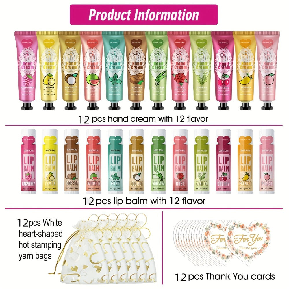 48pcs/Sets Hand Cream & Lip Balm Gift Sets - Perfect For Wedding, Friend Gatherings, Or As A Party Favor! Includes 12pcs Hand Cream, 12pcs Lip Balm, 12pcs White Heart-Shaped Hot Stamping Yarn Bags, And 12pcs Thank You Cards. Mother'S Day Gift