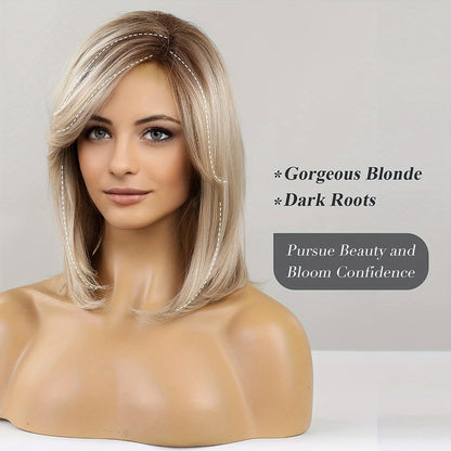 Synthetic Wig Short Straight Platinum Blonde Mixed White Golden 16 Inch Rose Net Cap Adjustable Mechanism Head Cover Women Daily Wear Costume Cosplay Lightweight