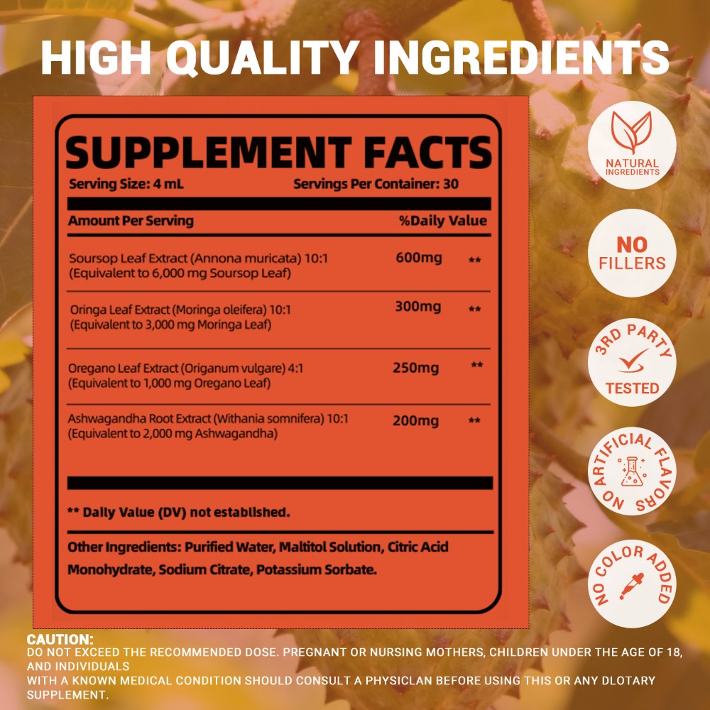 1/3pcs Soursop Bitters Liquid - Herbal Supplement, Gut Health Support - Contains Moringa, Oregano, And Ashwagandha, Suitable for Those with Sensitive Stomachs. Multi-Plant, Sugar-Free, Vegan Formula for Enhanced Vitality