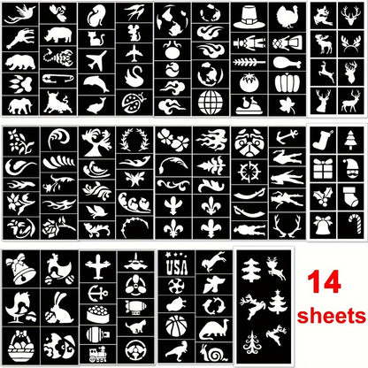 Glitter Tattoo Kit for Kids & Adults - 14 Stencil Sheets, 6 Metallic Colors, Body Glue & 2 Brushes - Temporary Body Art Set for Parties & Festivals