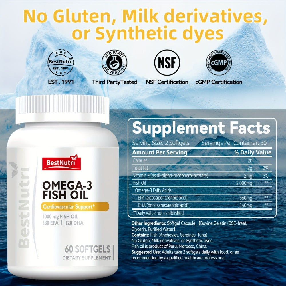 Omega-3 Fish Oil - 2000mg Per Serving, EPA & DHA for Brain Vitality & Heart Health, Cold - Extracted, CGMP, Suitable for Young Adults & Adults - Omega-3 PRO (60 Sgels); Omega-3 PRO (90 Sgels); New Upgrade (60 Sgels); New Upgrade (90 Sgels)