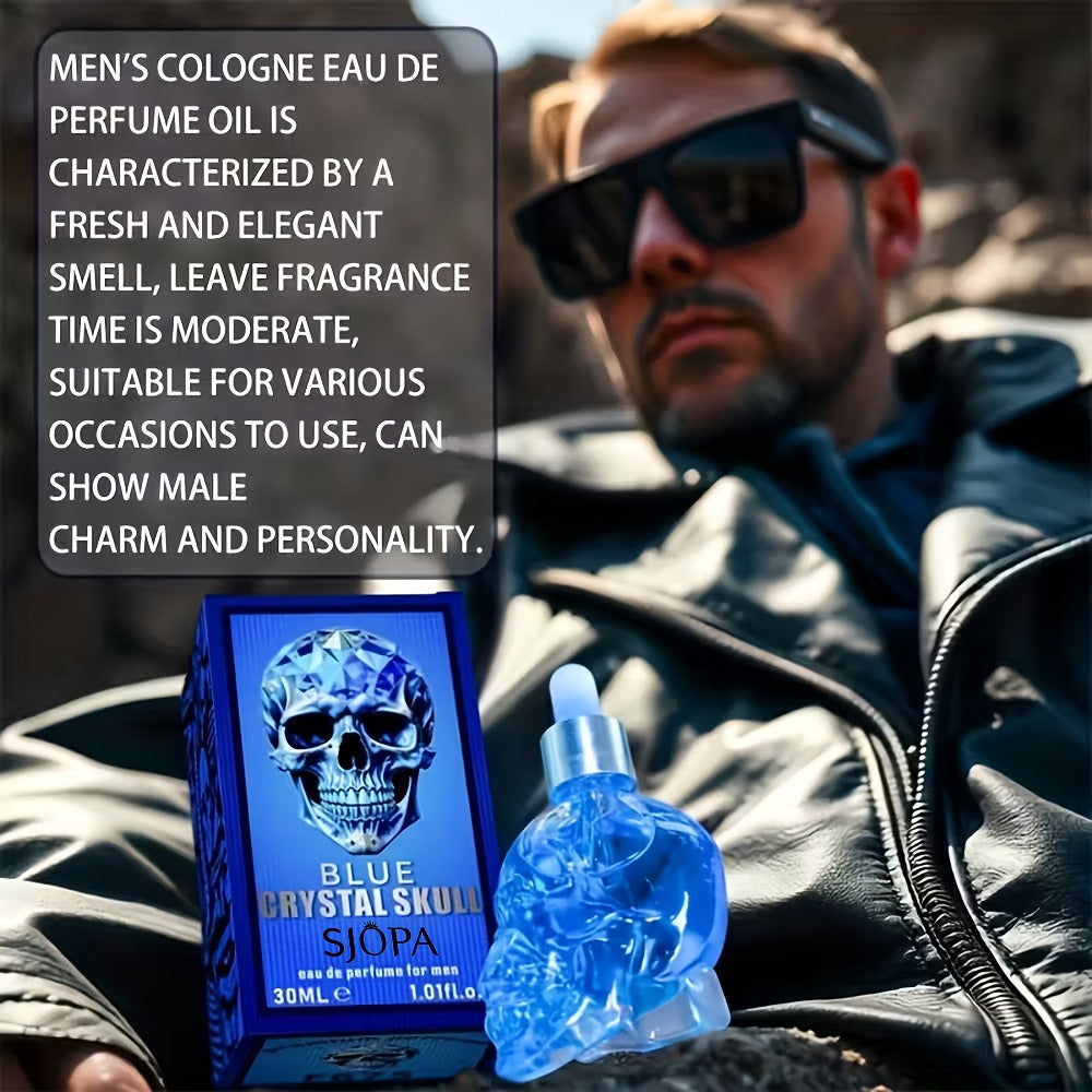 Alcohol-Free Perfume Oil for Men Blue Crystal Skull Bottle 30ml Woody Cologne Long Lasting Portable Travel Fragrance Unique Gift for Him