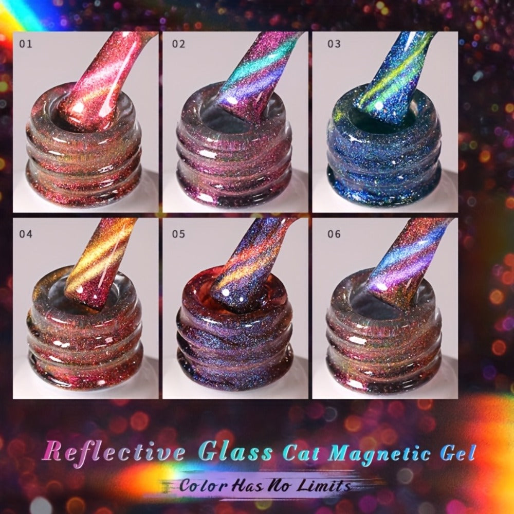 BORN PRETTY 0.34oz 6pcs Double Light Reflective Glass Cat Magnetic Gel Polish for Halloween Party Sparkling Rainbow Color Gel Soak Off