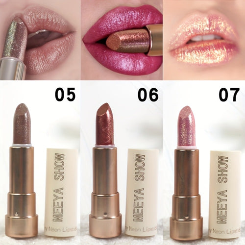 Nude Lipstick Set 3PCS Pearlescent Metallic Finish - Golden Glitter Shimmer Lip Color Nude Brown Daily Makeup Music Festival Party Lipstick for Women