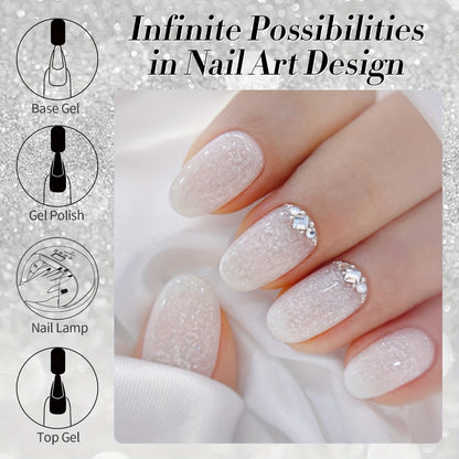 Glitter Gel Nail Polish 2pcs BORN PRETTY Snow Jelly Shimmer - Semi-Permanent Soak-Off LED UV Gel Varnish in Nude Pink White, Long-Lasting Chip-Resistant Salon-Quality Manicure, 0.34oz Each