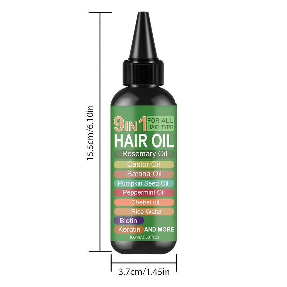 Rosemary Hair Oil 9-in-1 100ml — Rice Water, Castor, Batana, Biotin & Keratin Blend, Moisturizing Smoothing Split End Repair Hair Oil for All Hair Types