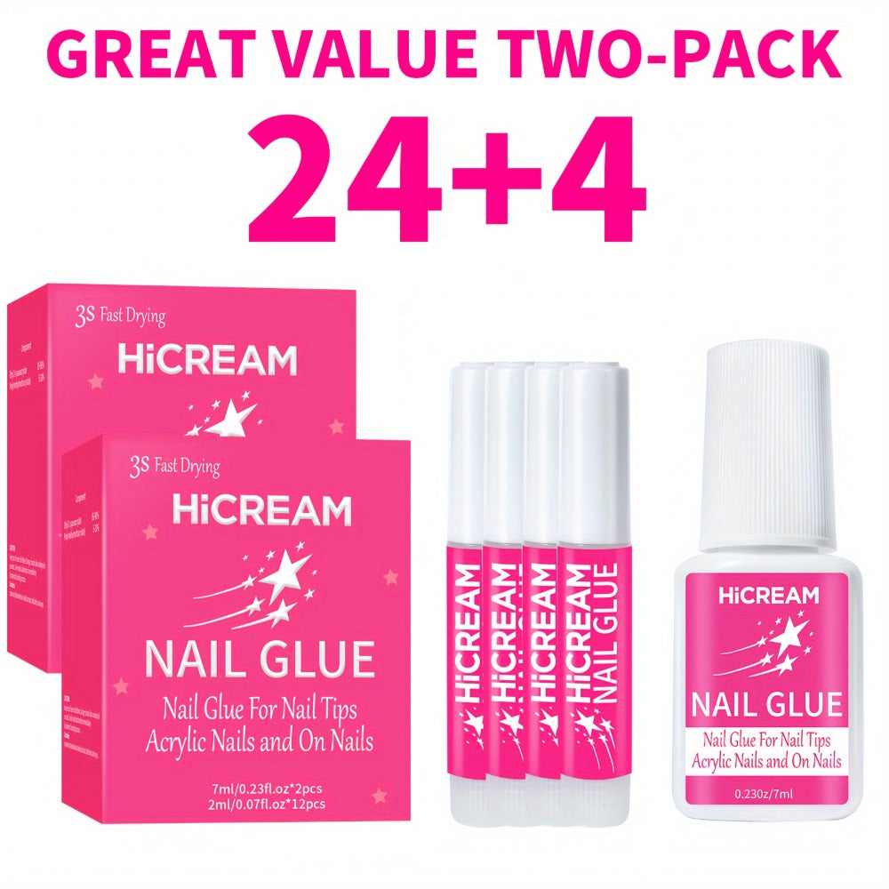 Complete Nail Glue Set - Water-Resistant, Unscented Liquid Adhesive for Press On Nails with 2pcs 0.24oz Brush On Nail Glue & 12pcs 0.07oz Bottles - Perfect for Nail Art And DIY Nail Enhancement (14pcs/28pcs)