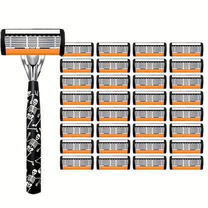 Safety Razor for Men - 7-Layer Stainless Steel Blades, Non-Slip Metal Handle, Classic Double Edge Razor for Beard & Mustache Grooming, Multiple Handle & Blade Pack Options