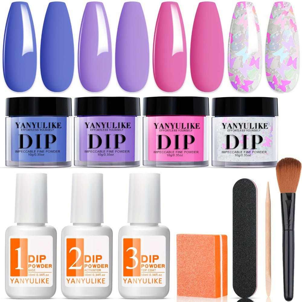 4-Color Dipping Powder Nail Kit, Featuring a Trendy Spring Palette of Light Purple, Blue, And Pink Butterfly Glitter Dipping Powders, Along with a French Nail Art Base Coat Activator for Salon Use
