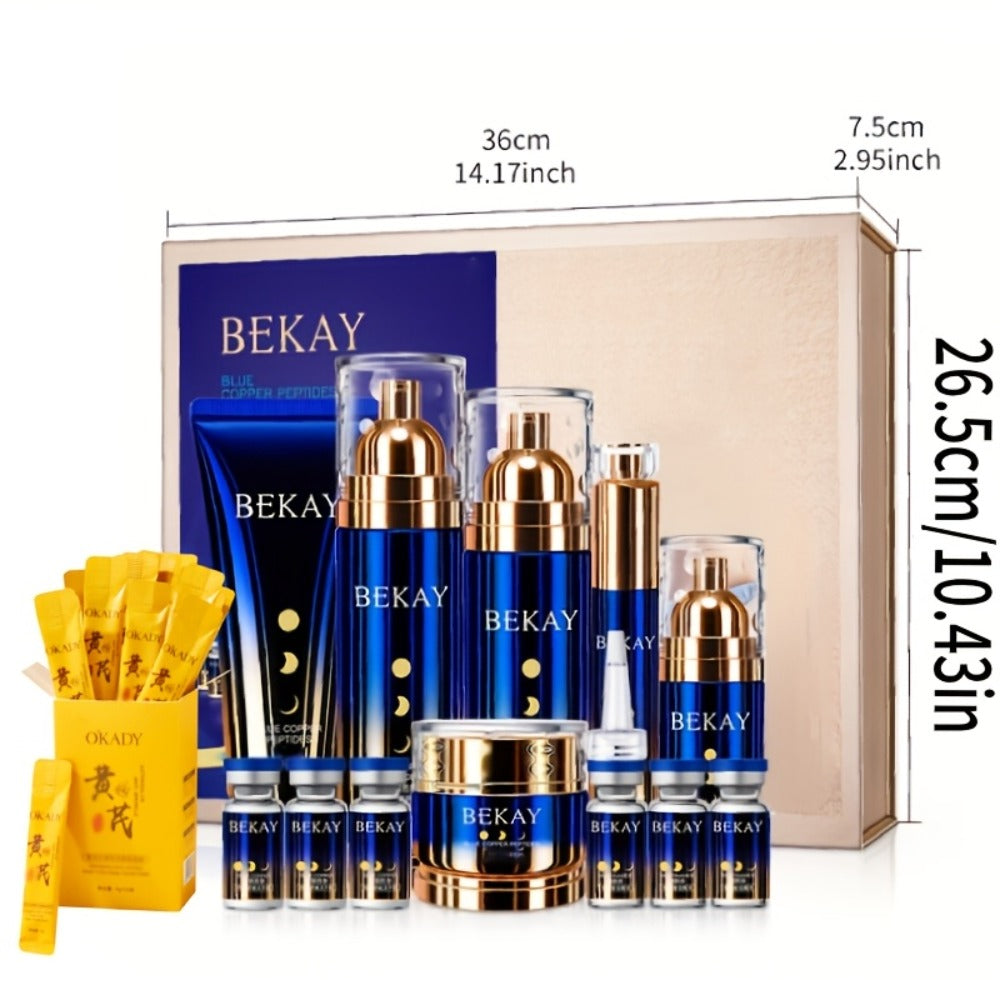 Skincare Gift Set Blue Copper Peptide & Astragalus 12pcs Box - Day Night Cream Sleep Mask Firming Brightening for All Skin Types - Valentine's Day Gift for Women