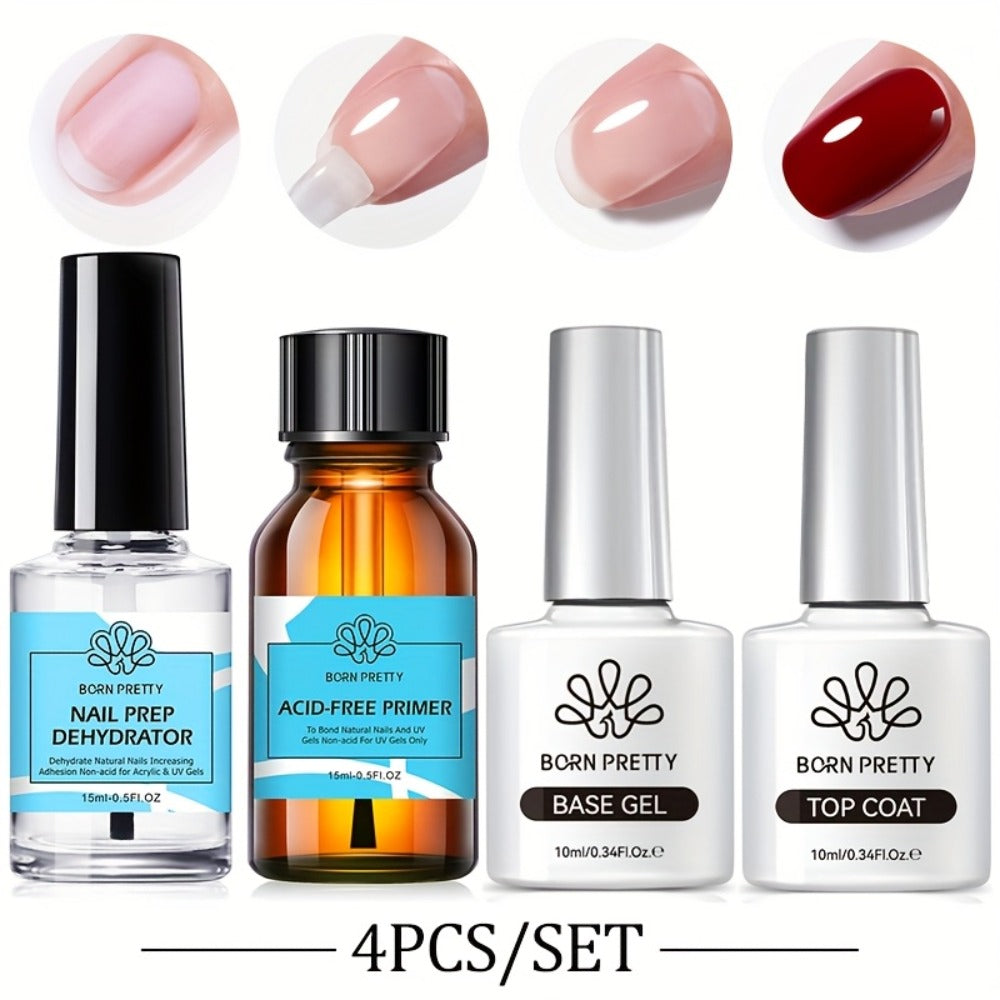 BORN PRETTY 4pcs/Set 0.34oz Super Top Coat And Base Gel Nail Polish for Gel Polish Nail Prep Dehydrator And Nail Primer Semi-permanent Varnish Nail Supplies