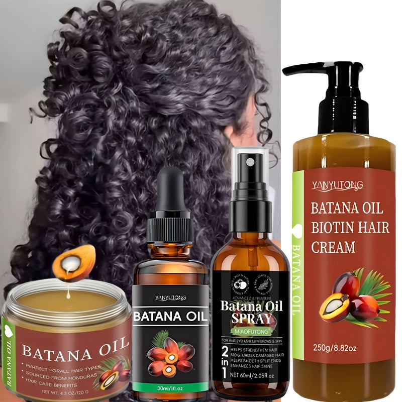 [Make Hair Look Thicker] 3pcs Honduras Batana Hair Cream And Batana Hair Oil And Batana Essential Oil, Pure Cold-Pressed Extract Containing Biotin to Nourish The Scalp And Hair, Strengthen And Prevent Breakage And Split Ends, Add Luster