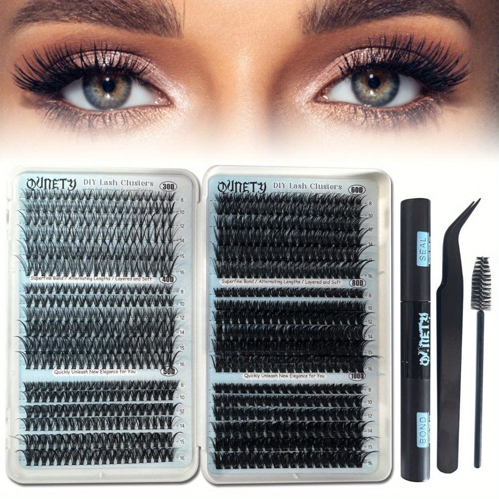 720pcs, 30D-100D Eyelash Extension Kit with Glue & Tweezers - 6 Styles/ Lengths, Lightweight Long-Lasting Cluster Lashes, No Irritation, 100% Handmade for Natural/ Volume Look