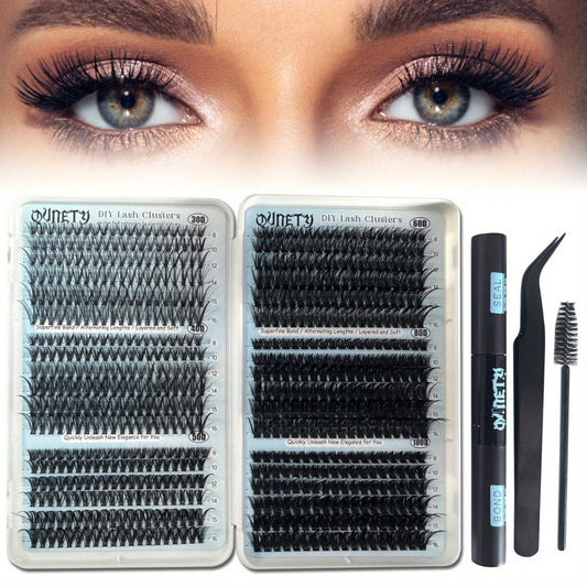 720pcs, 30D-100D Eyelash Extension Kit with Glue & Tweezers - 6 Styles/ Lengths, Lightweight Long-Lasting Cluster Lashes, No Irritation, 100% Handmade for Natural/ Volume Look