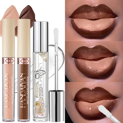 Lip Gloss Set 3pcs - Matte Lip Gloss, Lip Oil & Lip Liner Combo, Waterproof Long-Lasting Non-Sticky Velvet Finish, Mixed Shades for Party Festival Halloween Christmas Daily Makeup