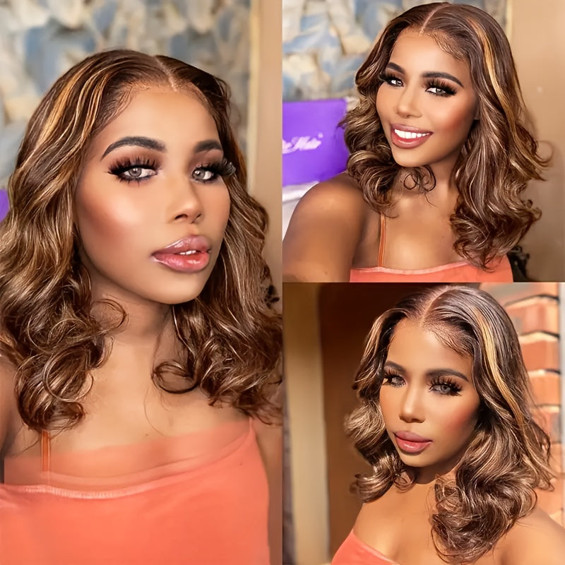 Honey Blonde Ombre Body Wave Lace Front Wig - 13x4 HD Human Hair Bob Wig for Women, Pre-Plucked Brazilian Human Hair with Baby Hair, Highlighted Gradient Color Transition, Loose Waves Hair Wig Perfect for Beginners