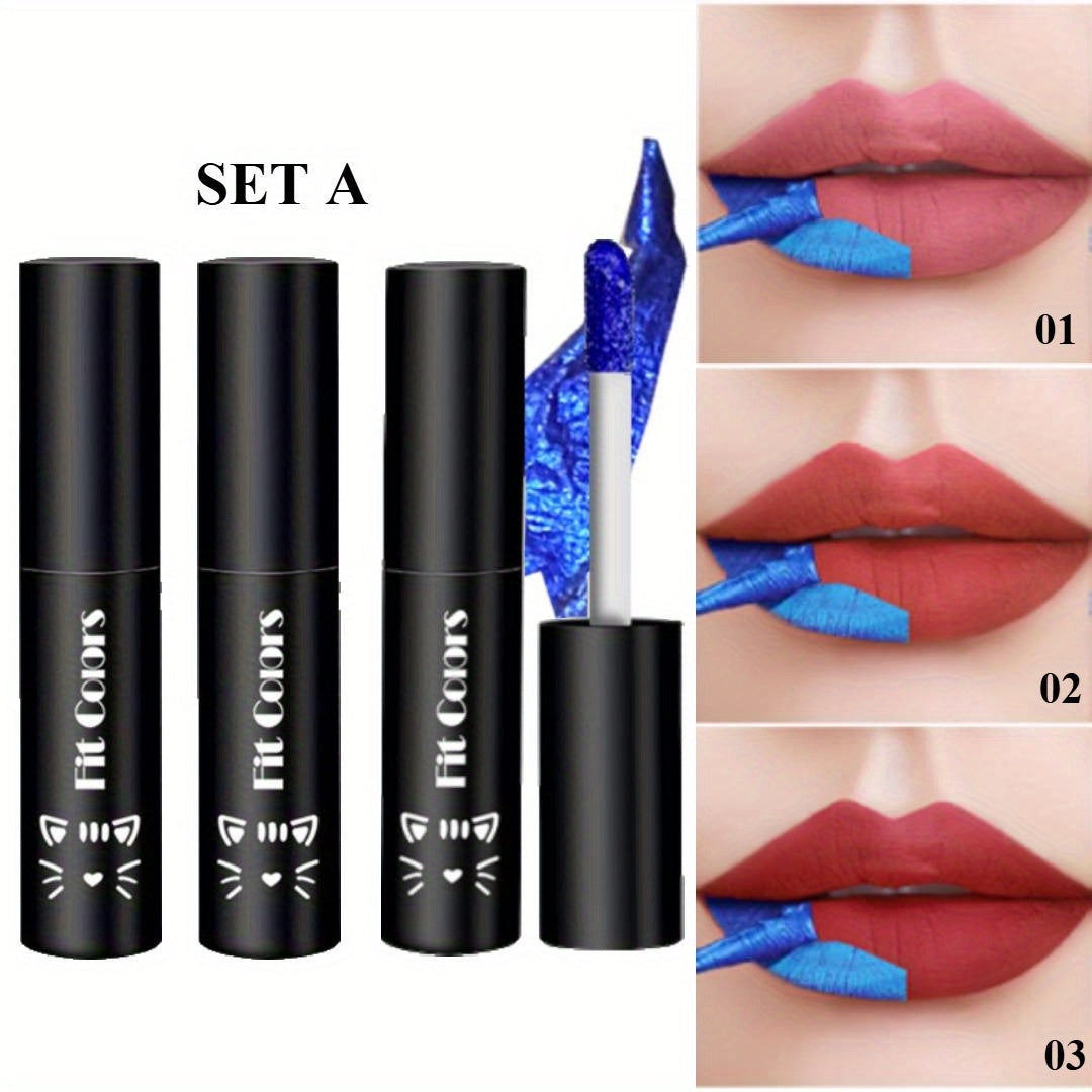 3pcs Smudge-Proof Waterproof Matte Lip Gloss - Long-Lasting -Off Lip Stain Suitable for All Skin Tones, Hypoallergenic Vegan Formula with Electric Blue & Cobalt Shades, for Music Festivals & Daily Bold Looks - Women's Gift (-Off Products)