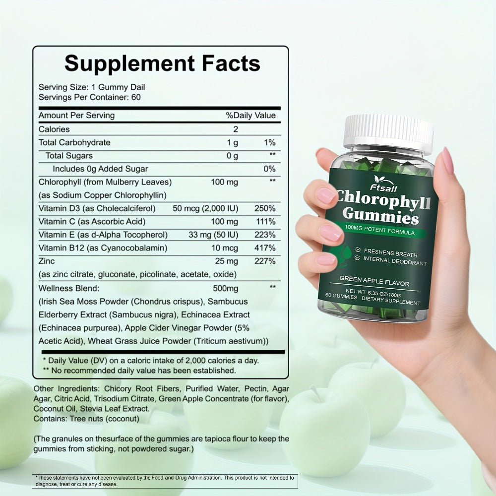 Ftsall Chlorophyll Gummies with Vitamin C, D3, E, B12, Zinc And Irish Sea Moss, Sambucus Elderberry, Echinacea, Apple Cider Vinegar, Freshens Breath Natural Body Deodorizing Supplement, Chlorophyll Herbal Gummies for Women Men Apple Flavor 60 Count