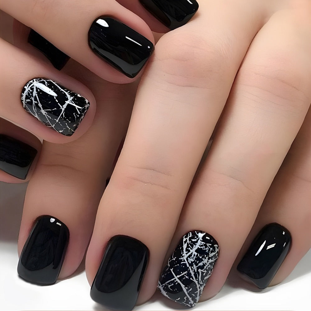 96 Pcs Black Press on Nails Short Square - Cute Summer Fake Nails Glossy False Nails Press ons Full Cover Nail Tips with Ice Cracks Design Acrylic Nail Kit Stick on Nails for Women