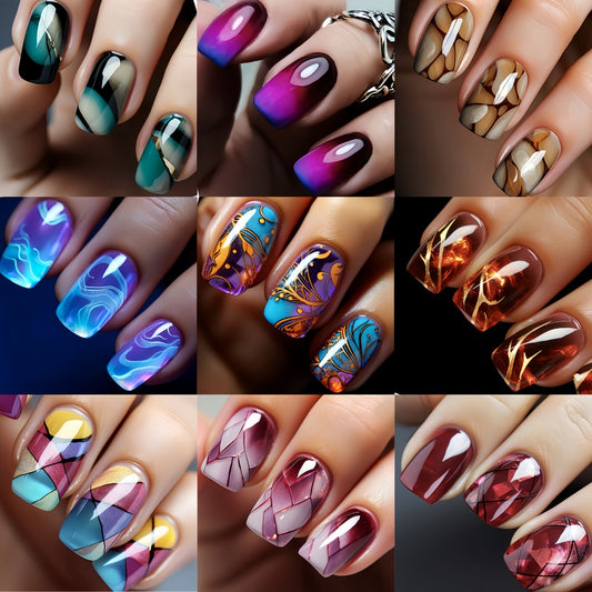 216pcs Press-On Nail Set - Medium Square, Glossy Finish with Striped & Gradient Designs in Brown, Blue, Purple - Reusable Fake Nails for Chic Manicure Mix and Match