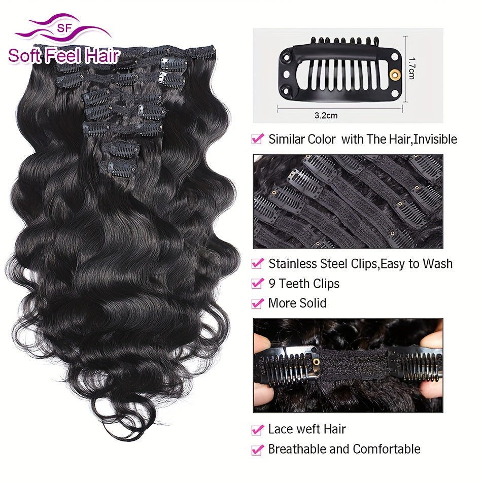 [Human Hair Extensions] Body Wave Clip in Human Hair Extensions 8pcs/Set Natural Color Clip Ins Human Hair 12-26 Inches 120G/Set